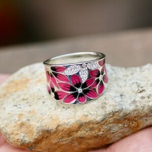 Pink Lily Flower Enamel Ring Sterling Silver  , Last One Size 7